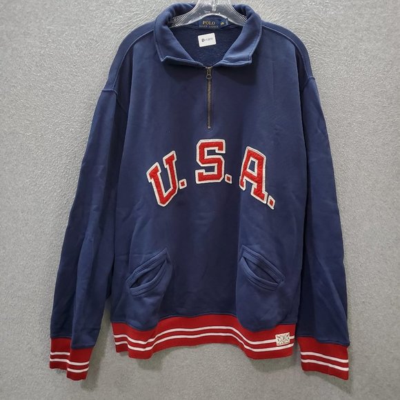 VINTAGE Polo Ralph Lauren‎ Men Sweatshirt 2XL Blue USA 90s 1/4 Zip READ - Picture 1 of 8